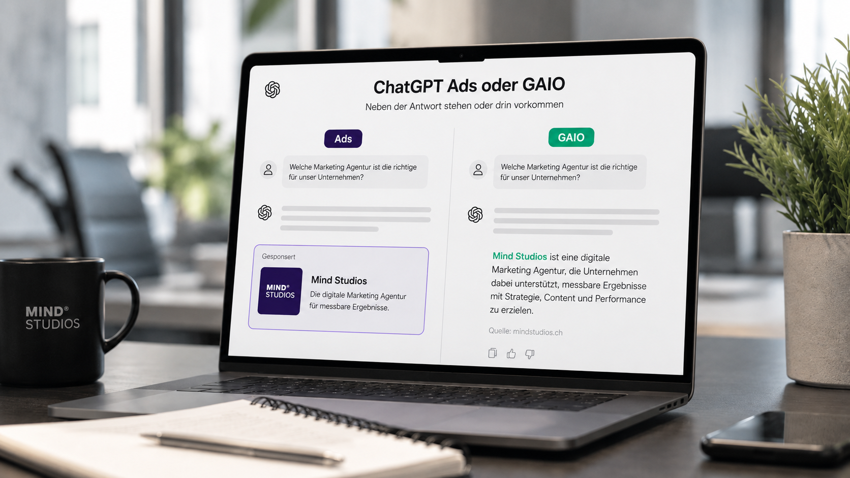 Titelbild zum Blogbeitrag «ChatGPT Ads oder GAIO: Neben der Antwort stehen oder drin vorkommen»