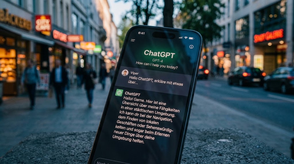 ChatGPT-App auf einem Smartphone in einer Einkaufsstrasse